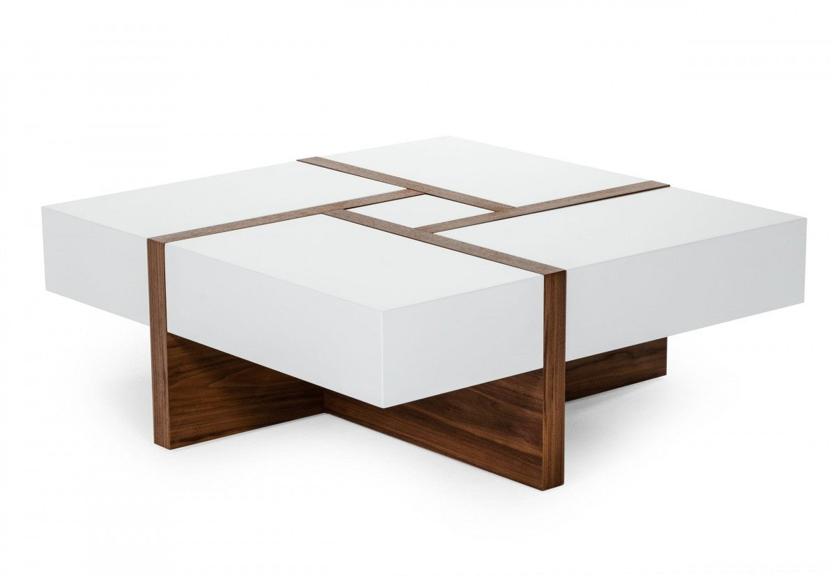 HomeRoots Modern White and Walnut Square Coffee Table with Storage
