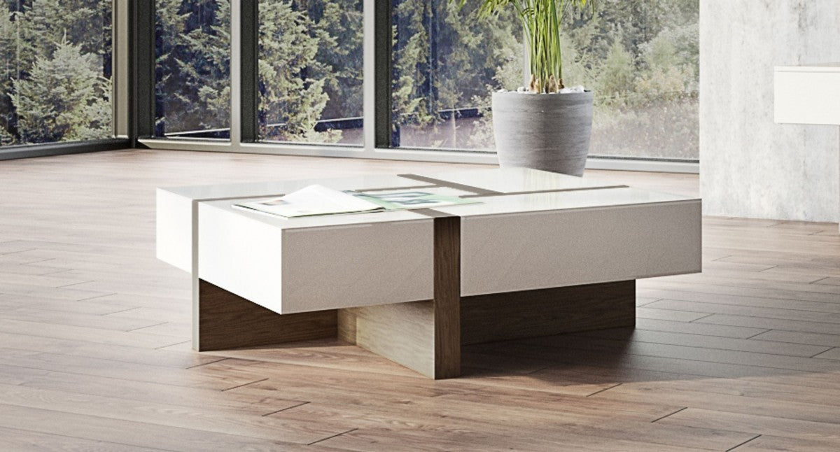HomeRoots Modern White and Walnut Square Coffee Table with Storage