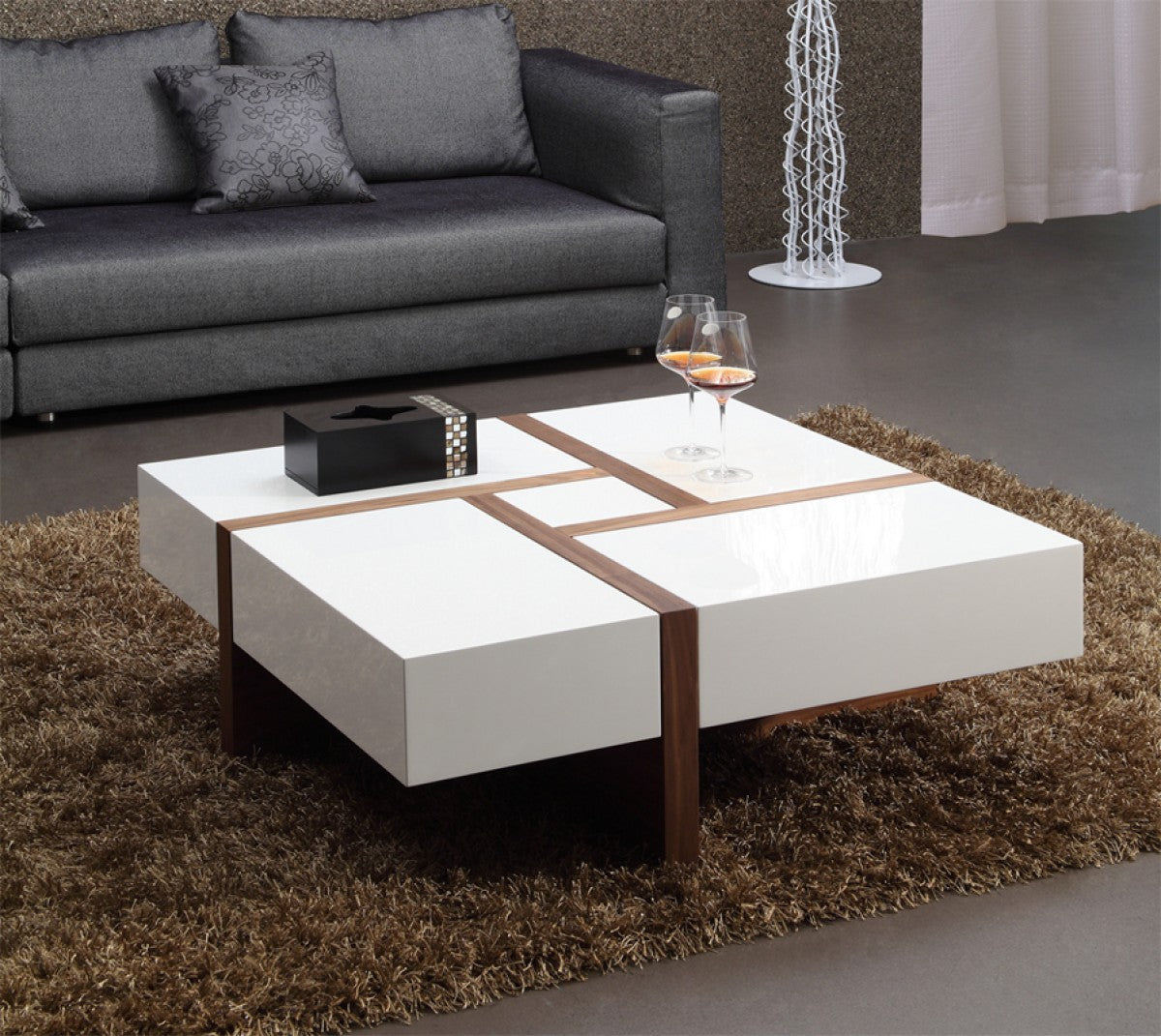 HomeRoots Modern White and Walnut Square Coffee Table with Storage