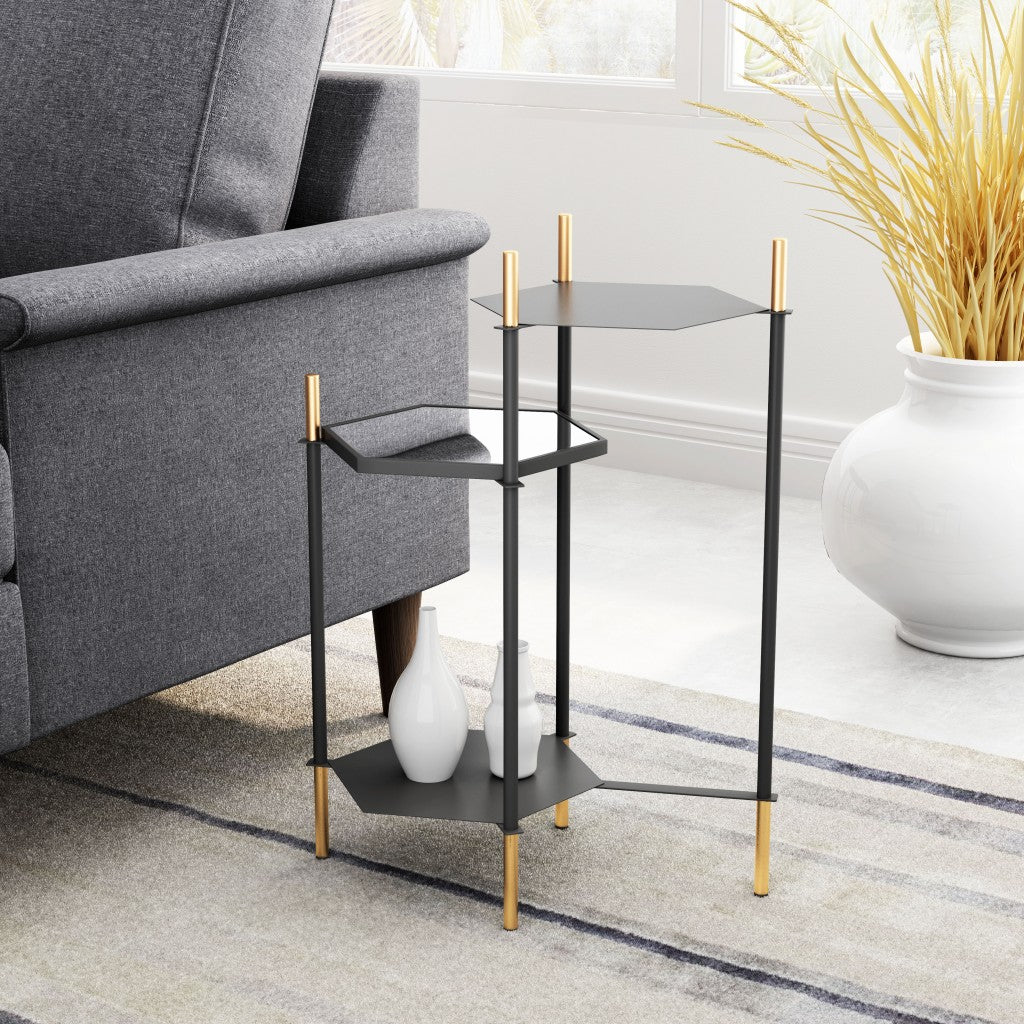 HomeRoots Moderna 3 Level Black and Gold Accent Side Table