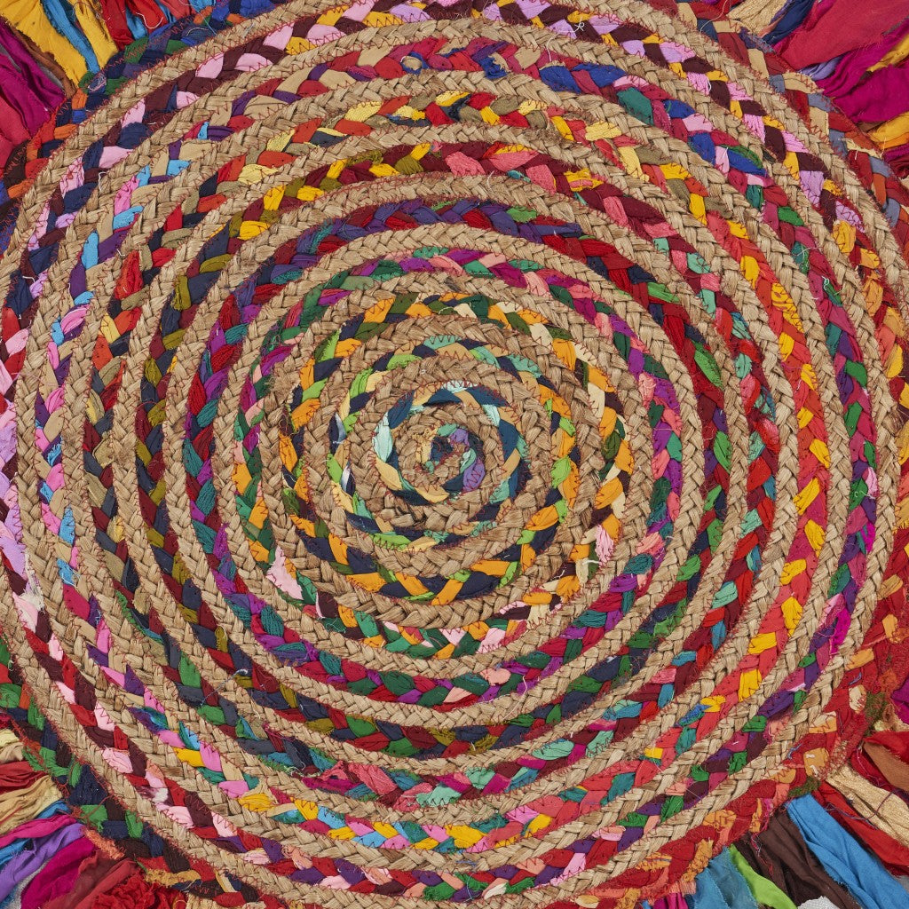 HomeRoots Multicolored Chindi and Natural Jute Fringed Round Rug