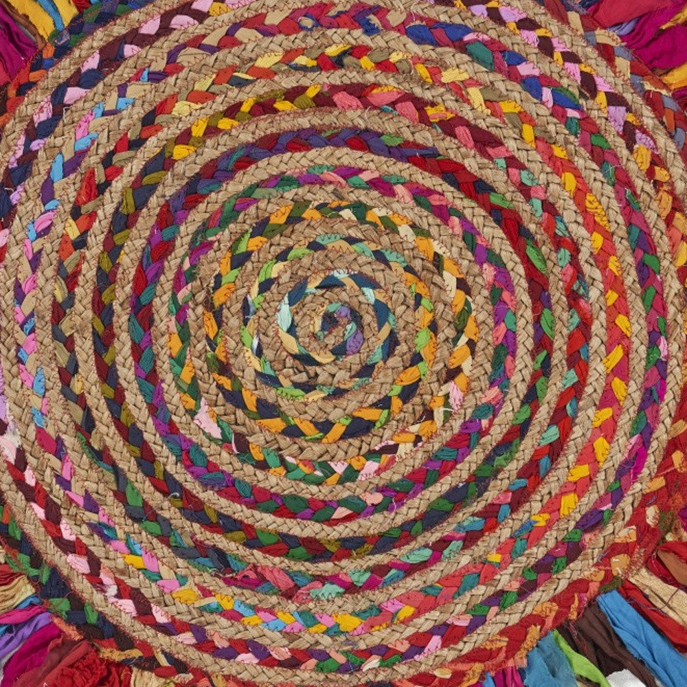HomeRoots Multicolored Chindi and Natural Jute Fringed Round Rug