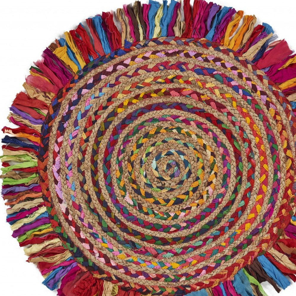 HomeRoots Multicolored Chindi and Natural Jute Fringed Round Rug