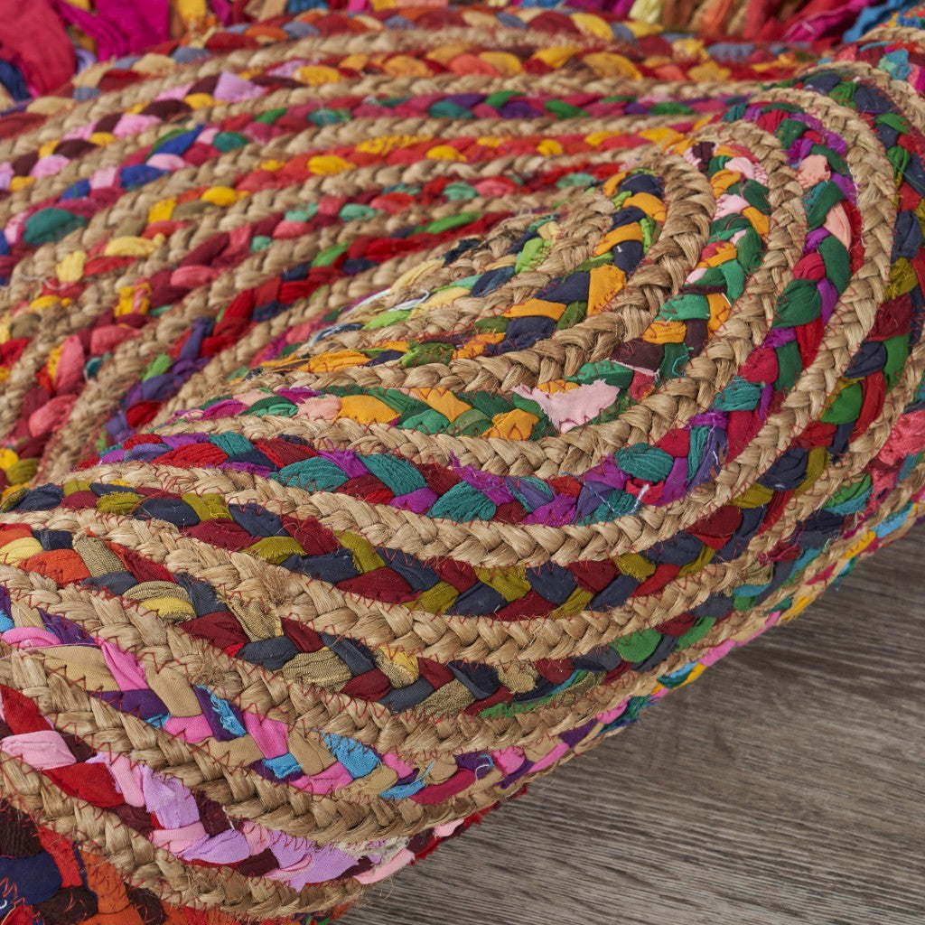 HomeRoots Multicolored Chindi and Natural Jute Fringed Round Rug
