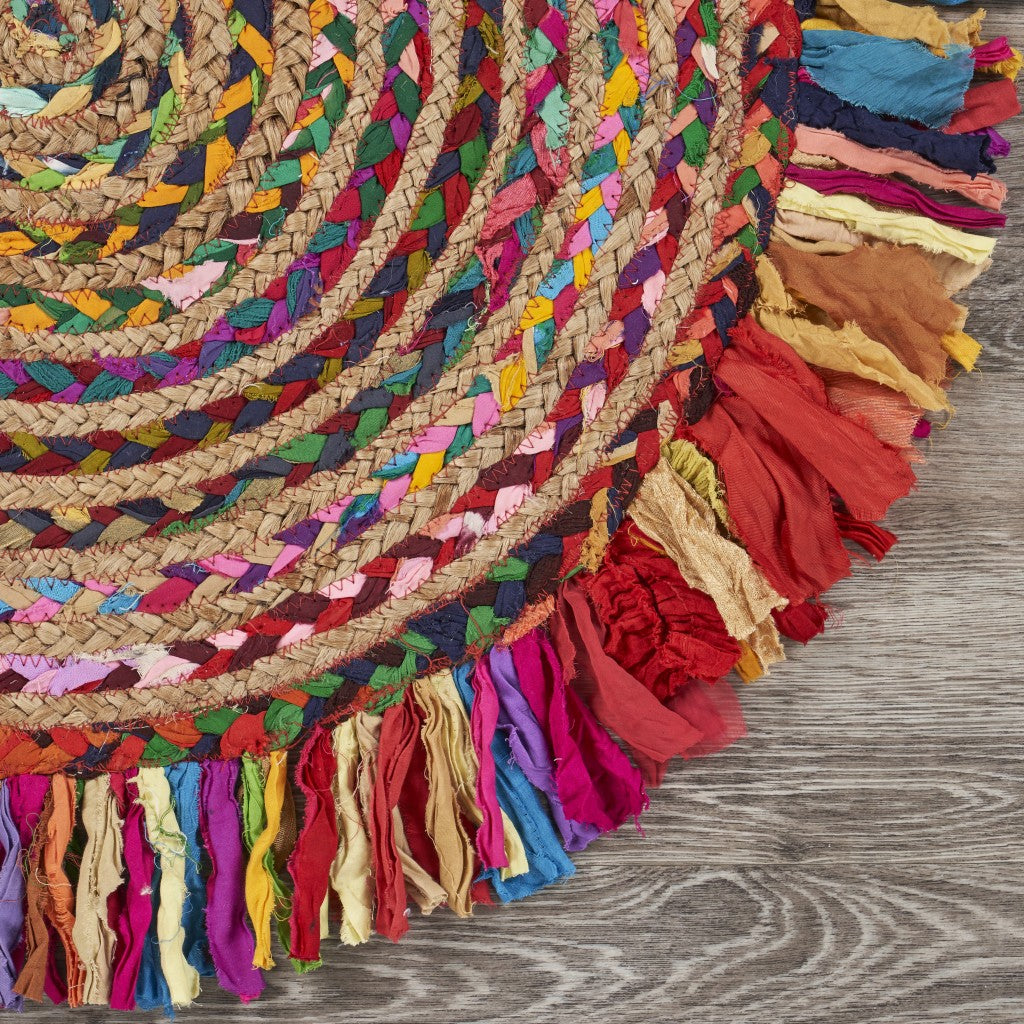HomeRoots Multicolored Chindi and Natural Jute Fringed Round Rug