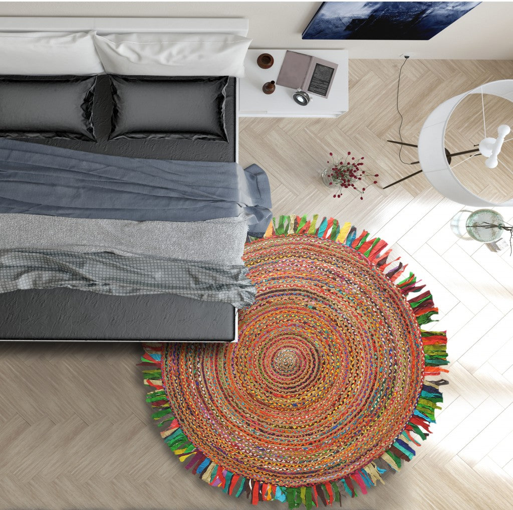 HomeRoots Multicolored Chindi and Natural Jute Fringed Round Rug