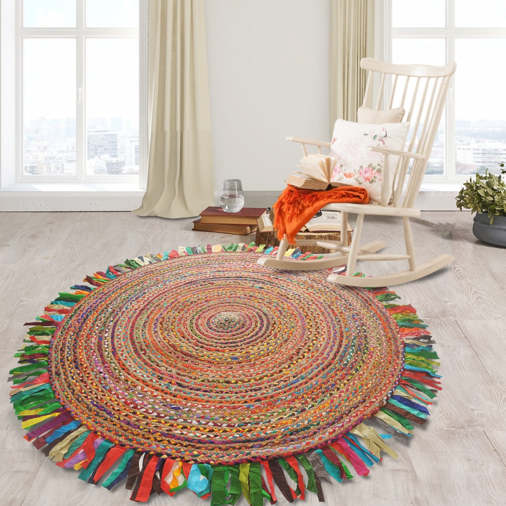 HomeRoots Multicolored Chindi and Natural Jute Fringed Round Rug