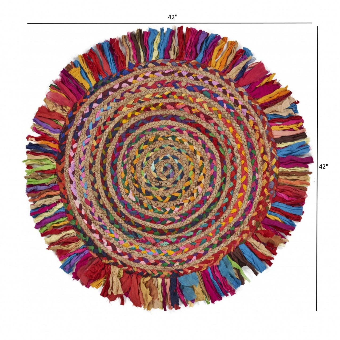 HomeRoots Multicolored Chindi and Natural Jute Fringed Round Rug