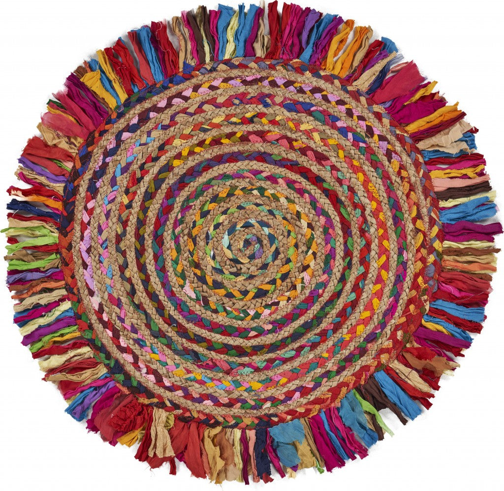 HomeRoots Multicolored Chindi and Natural Jute Fringed Round Rug