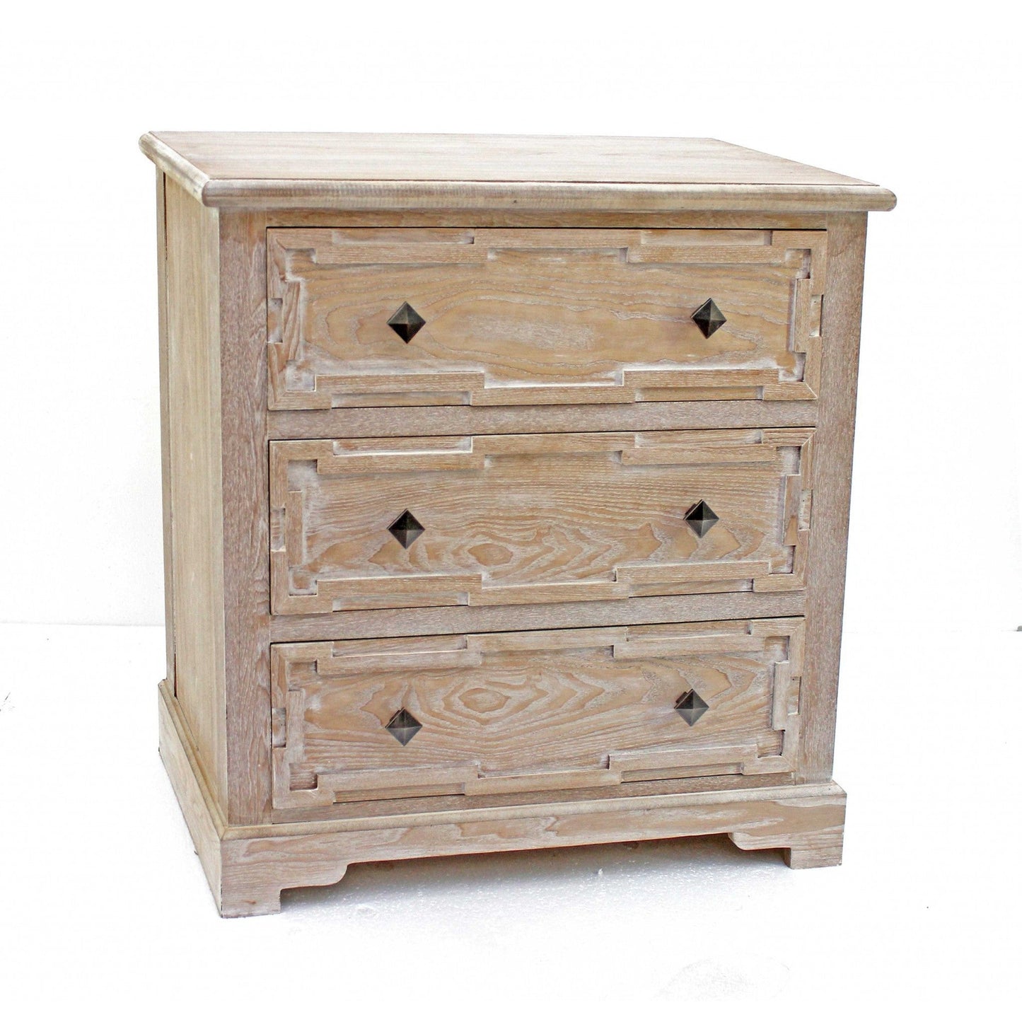 HomeRoots Natural 3-Drawer Rustic White-Washed Wood Cabinet