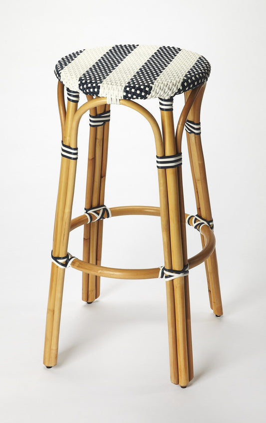 HomeRoots Navy Blue And White Rattan Bar Stool