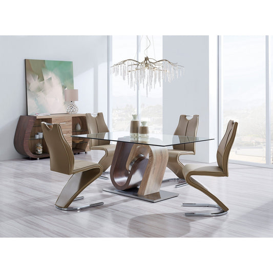 HomeRoots Oak And Walnut 2 Toned Geometrical Base With Glass Top Dining Table