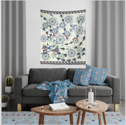 HomeRoots Off-White Peacock and Flowers 80" x 68" Hanging Wall Tapestry
