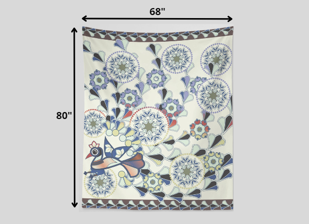 HomeRoots Off-White Peacock and Flowers 80" x 68" Hanging Wall Tapestry