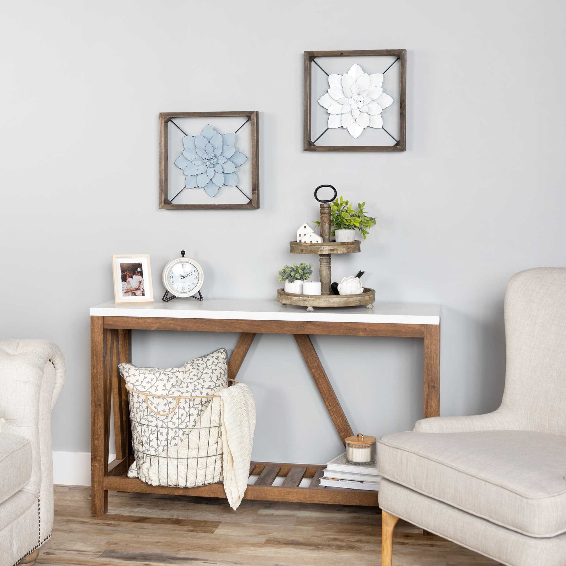HomeRoots Pale Blue Metal Flower in Walnut Finish Frame