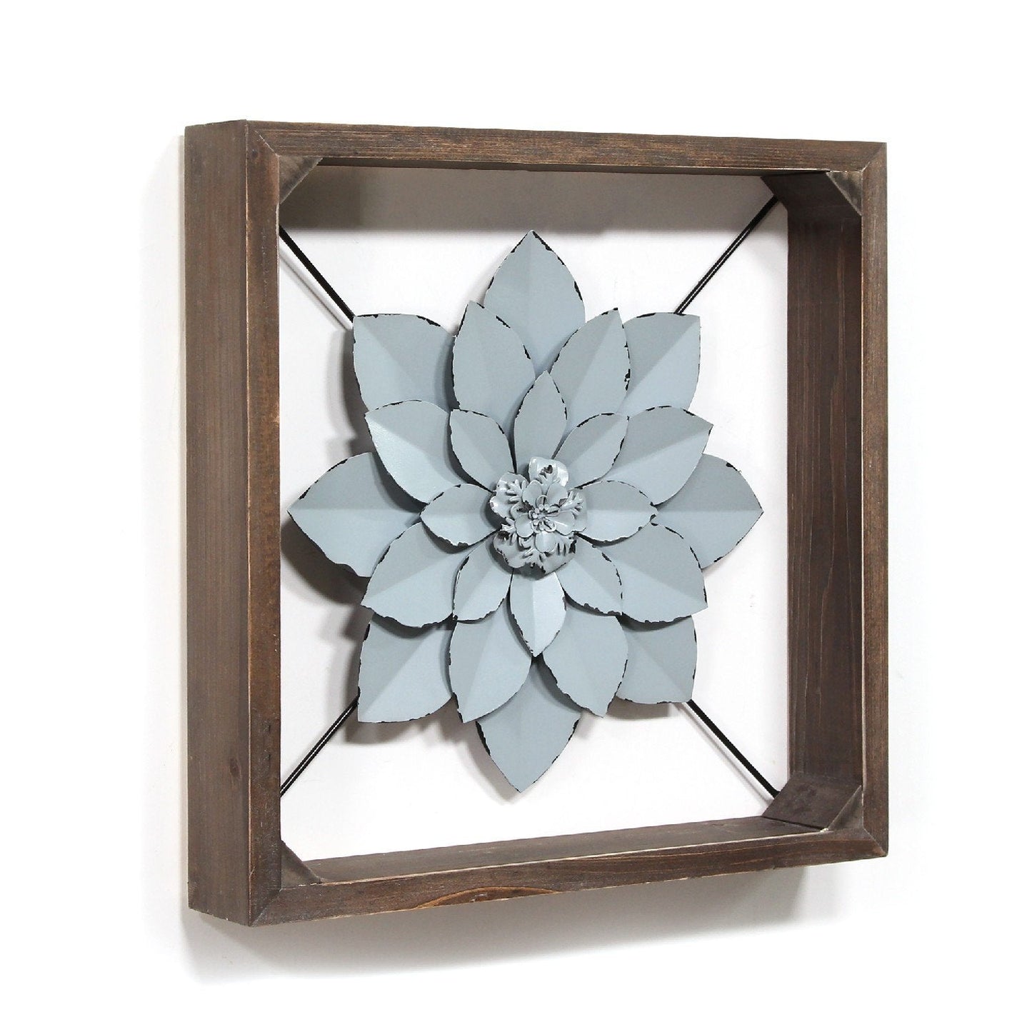 HomeRoots Pale Blue Metal Flower in Walnut Finish Frame