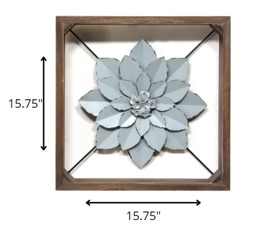 HomeRoots Pale Blue Metal Flower in Walnut Finish Frame