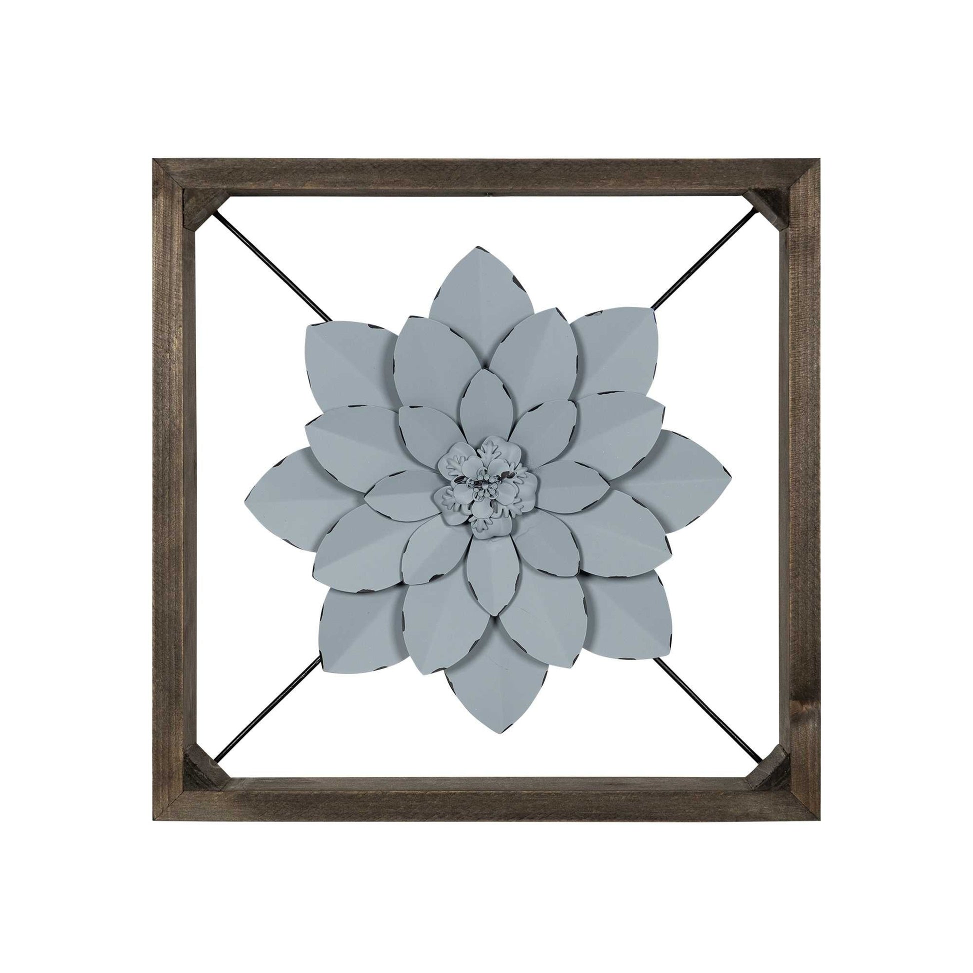HomeRoots Pale Blue Metal Flower in Walnut Finish Frame