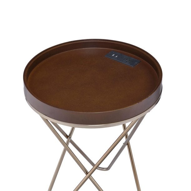 HomeRoots Pearlescent Gold and Dark Brown USB Side Table with Sectioned Top