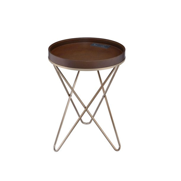 HomeRoots Pearlescent Gold and Dark Brown USB Side Table with Sectioned Top