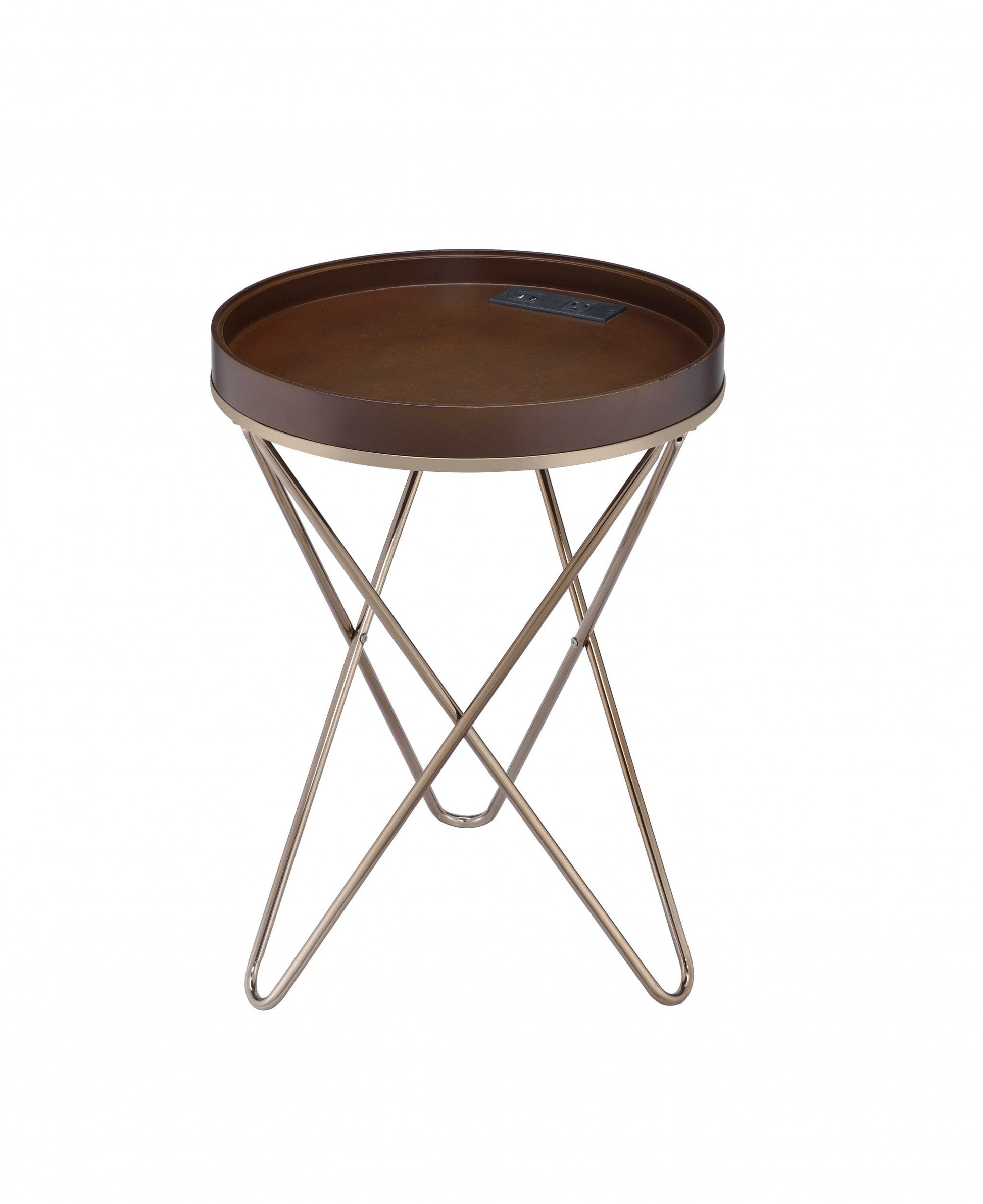 HomeRoots Pearlescent USB Side Table With Gold and Dark Brown Finish
