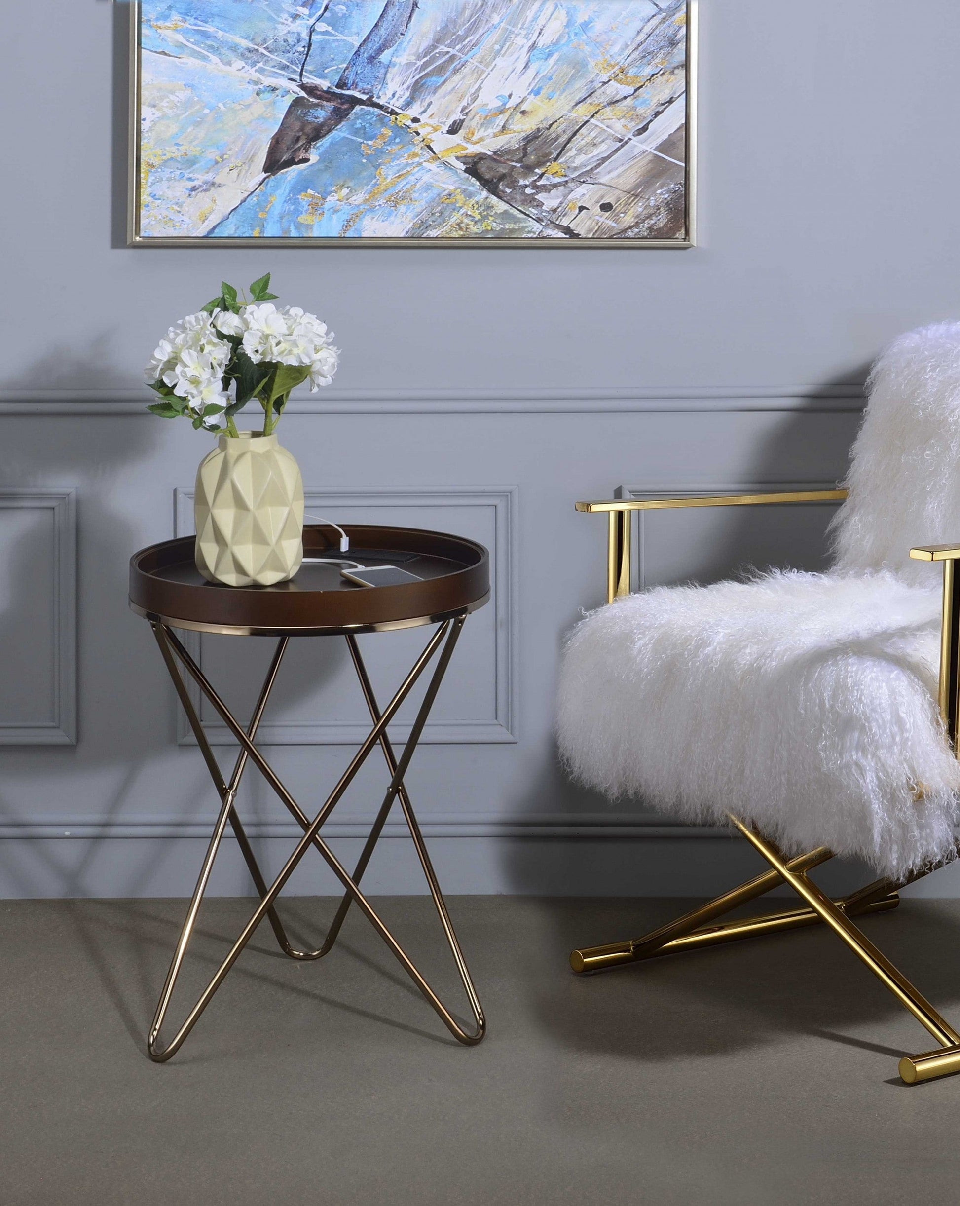 HomeRoots Pearlescent USB Side Table With Gold and Dark Brown Finish