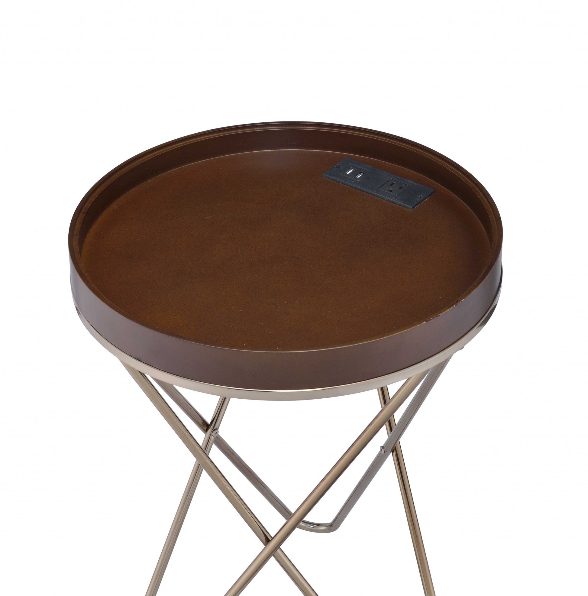 HomeRoots Pearlescent USB Side Table With Gold and Dark Brown Finish