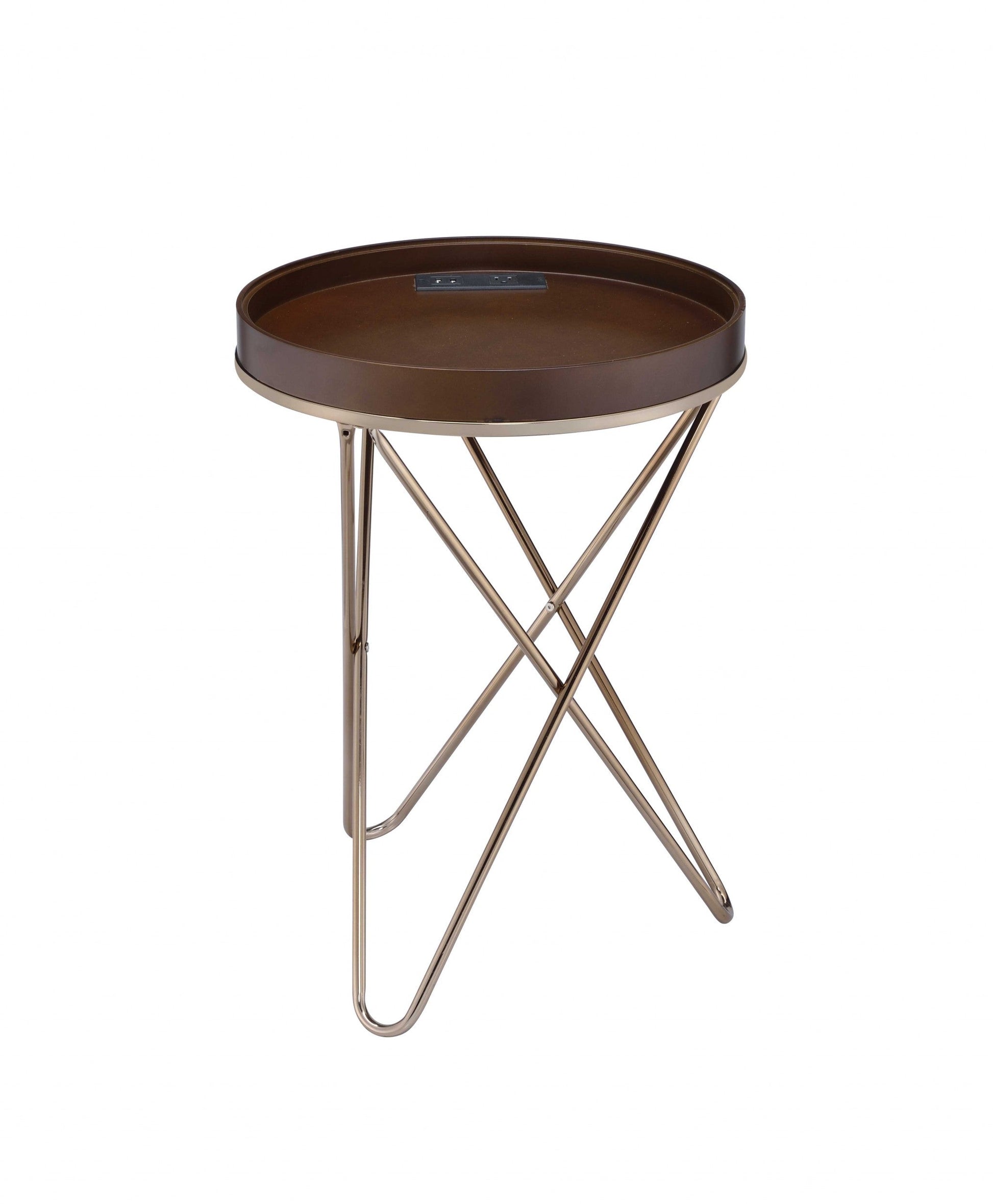 HomeRoots Pearlescent USB Side Table With Gold and Dark Brown Finish