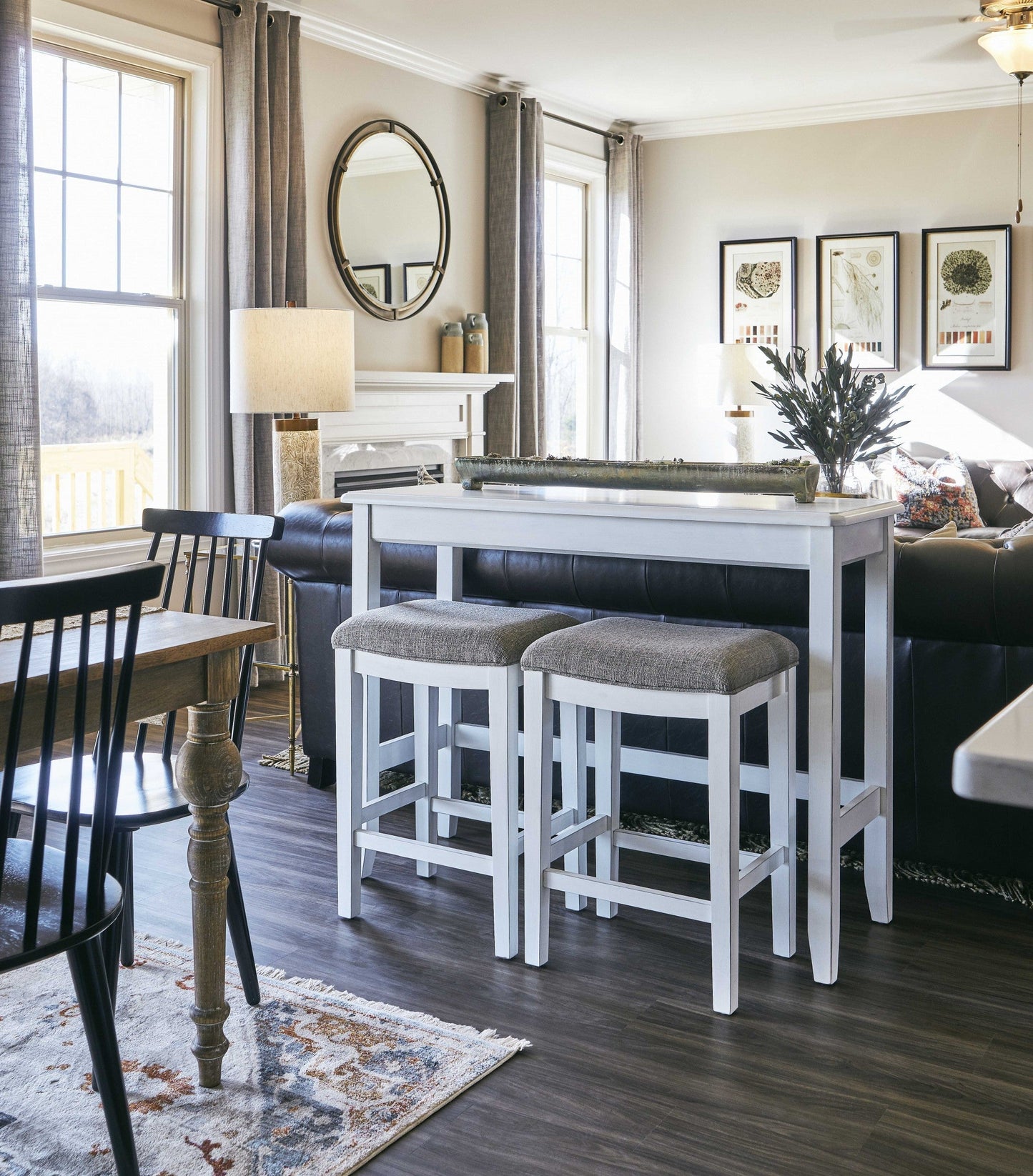 HomeRoots Perfecto White Finish Sofa table with Two Bar Stools