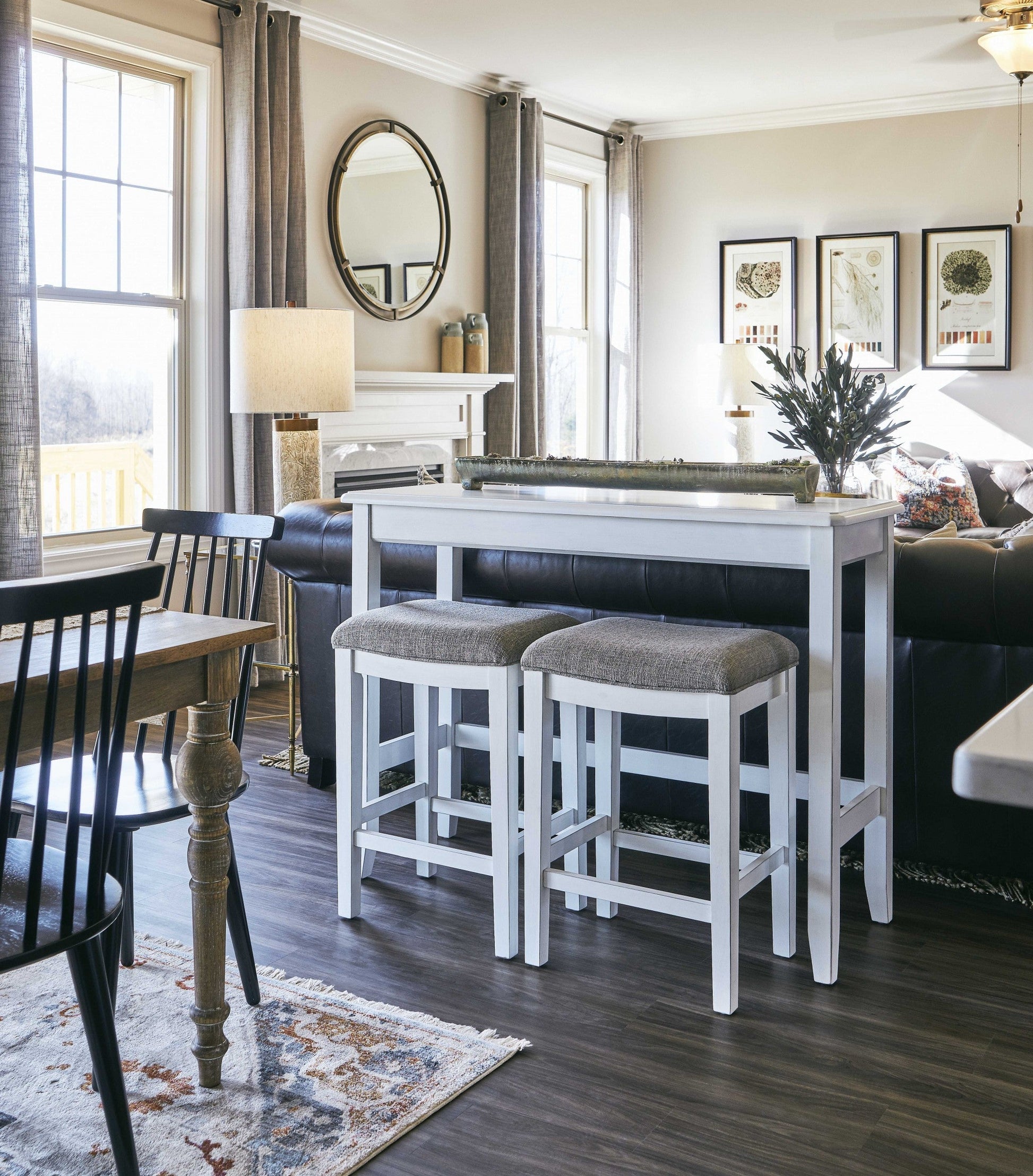 HomeRoots Perfecto White Finish Sofa table with Two Bar Stools