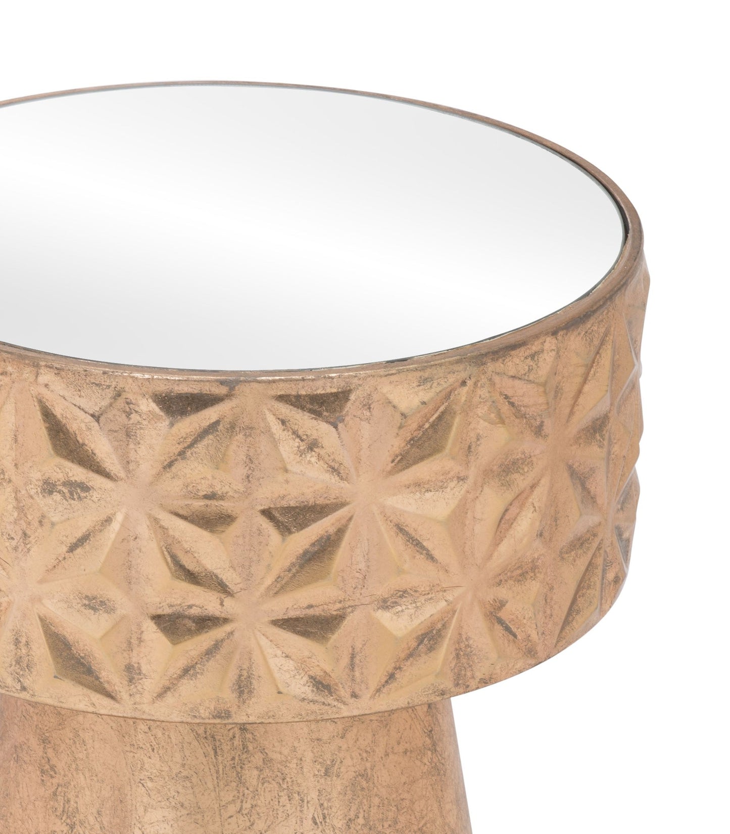 HomeRoots Petite Tribal Mirror Side Table in Gold Finish