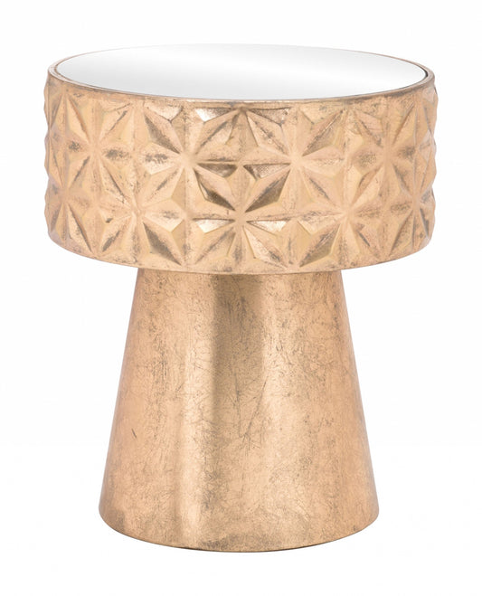 HomeRoots Petite Tribal Mirror Side Table in Gold Finish