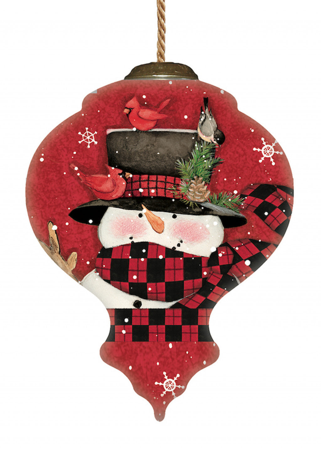 HomeRoots Plaid Snowman and Cardinals Hand Painted Mouth Blown Glass Ornament