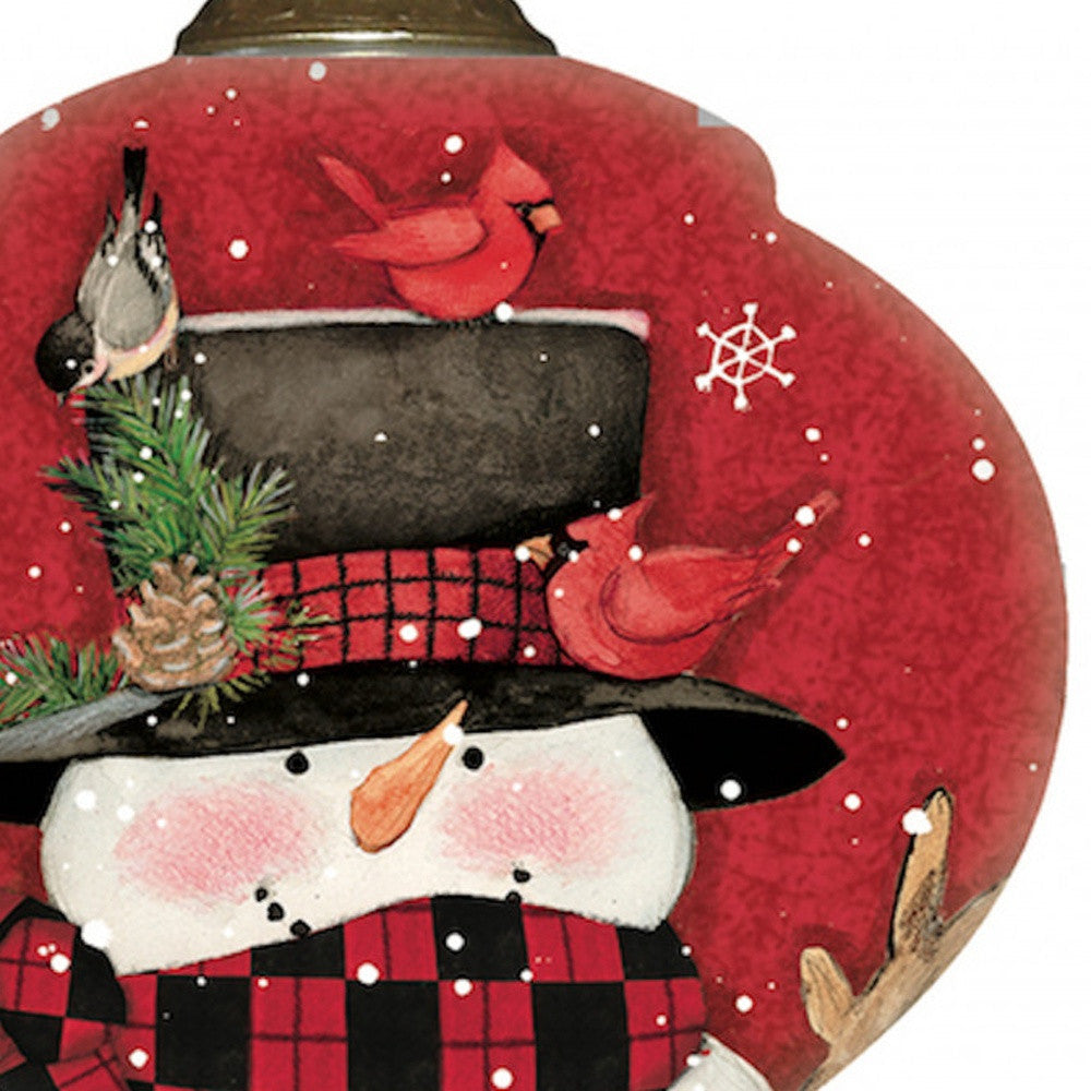 HomeRoots Plaid Snowman and Cardinals Hand Painted Mouth Blown Glass Ornament