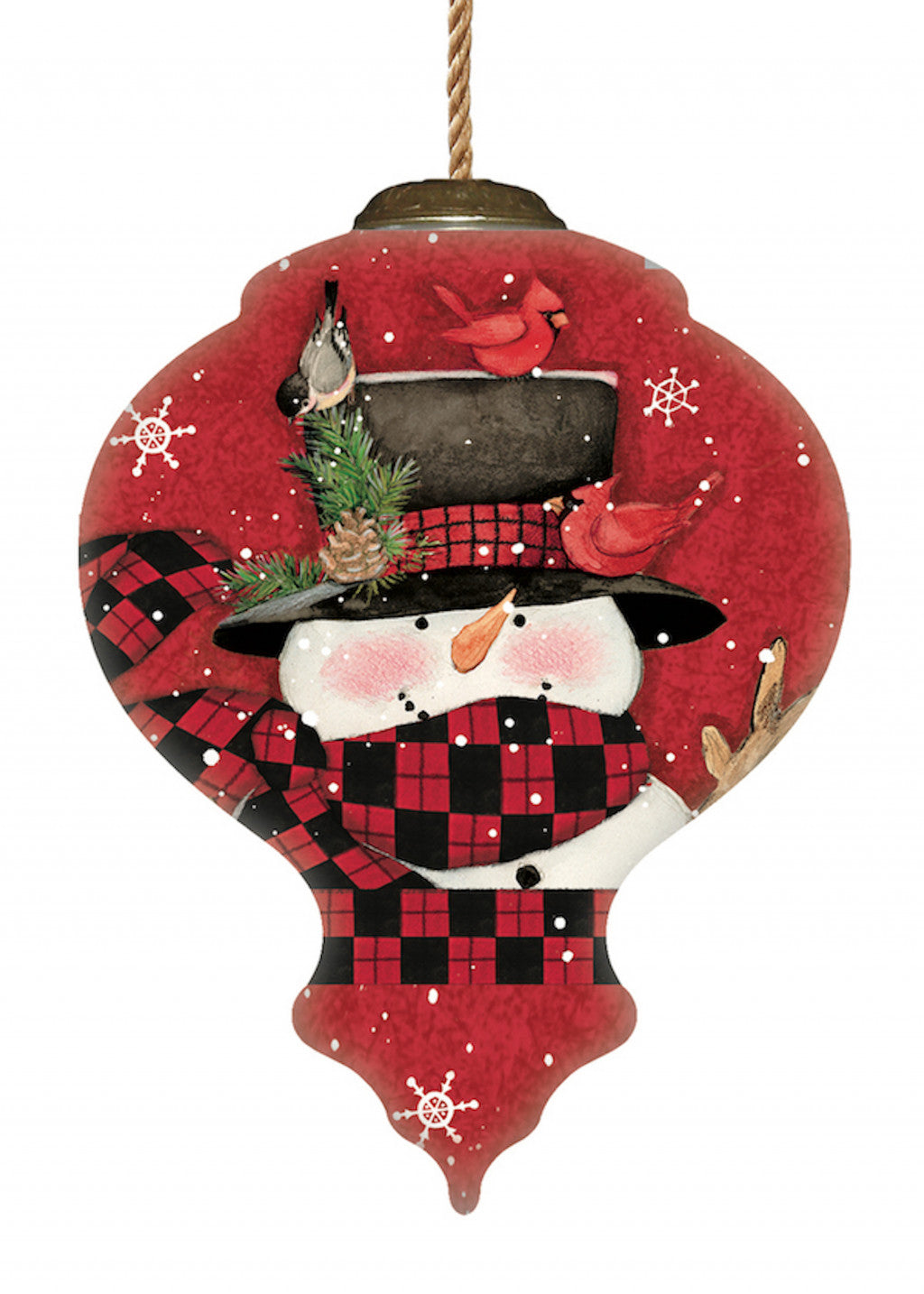 HomeRoots Plaid Snowman and Cardinals Hand Painted Mouth Blown Glass Ornament