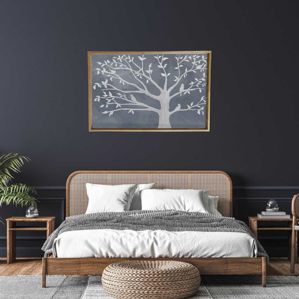 HomeRoots Pretty Gray and White Birds in Tree Framed Canvas Wall Art