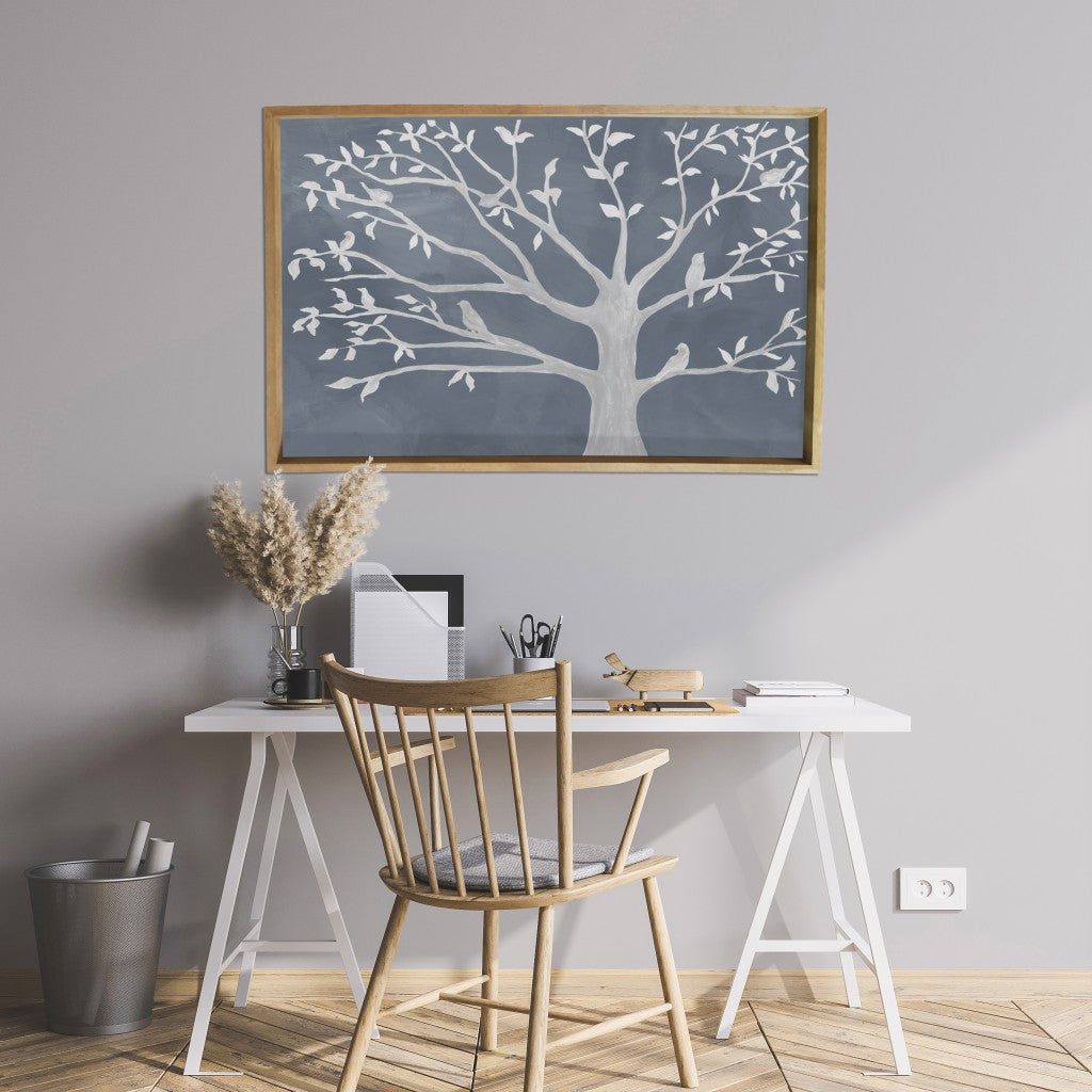 HomeRoots Pretty Gray and White Birds in Tree Framed Canvas Wall Art