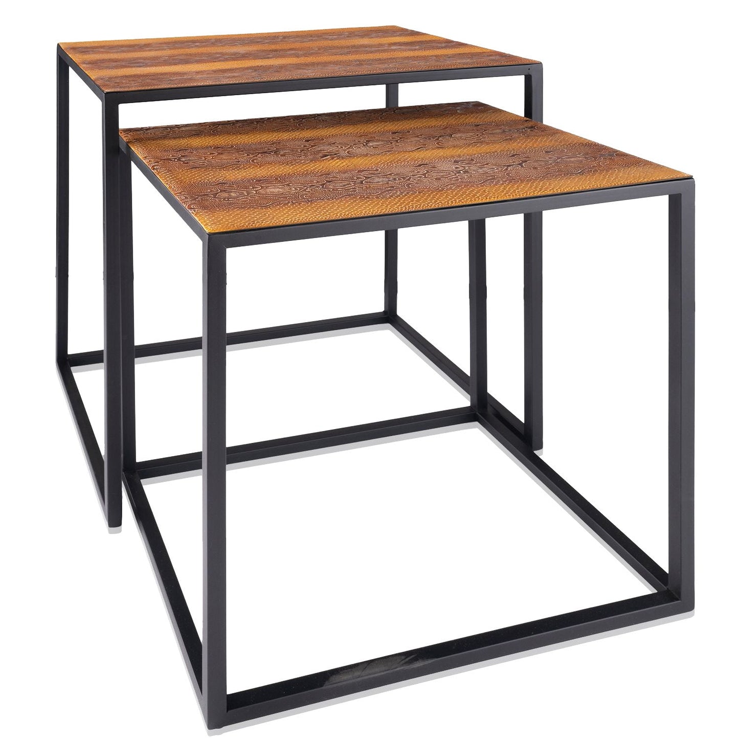 HomeRoots Rectangular Black Powder Coated Frame and Rattlesnake Faux Leather Top Nesting End Tables in Set Of 2