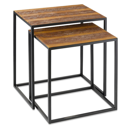 HomeRoots Rectangular Black Powder Coated Frame and Rattlesnake Faux Leather Top Nesting End Tables in Set Of 2