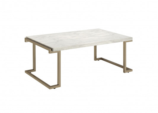 HomeRoots Rectangular Marble Top With Champagne Metal Base Cofee Table