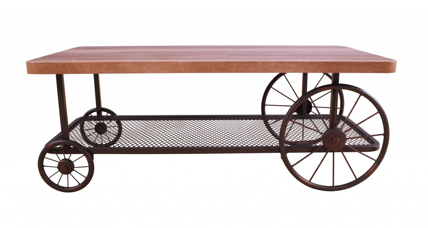 HomeRoots Rectangular Oak Finish Coffee Table with Metal Mesh Bottom Shelf