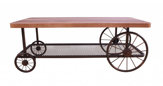 HomeRoots Rectangular Oak Finish Coffee Table with Metal Mesh Bottom Shelf