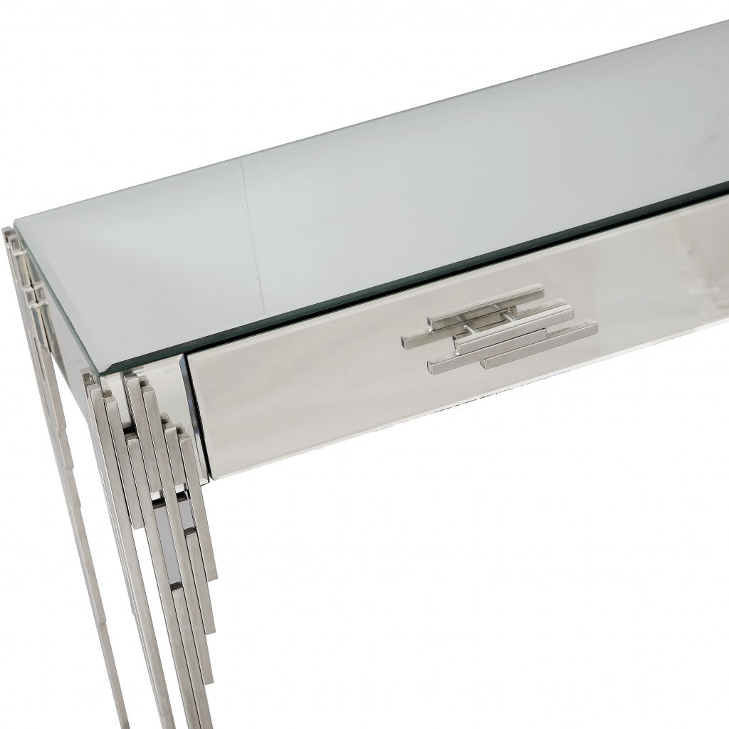 HomeRoots Rectangular Striped Falling Console Table in Silver Finish