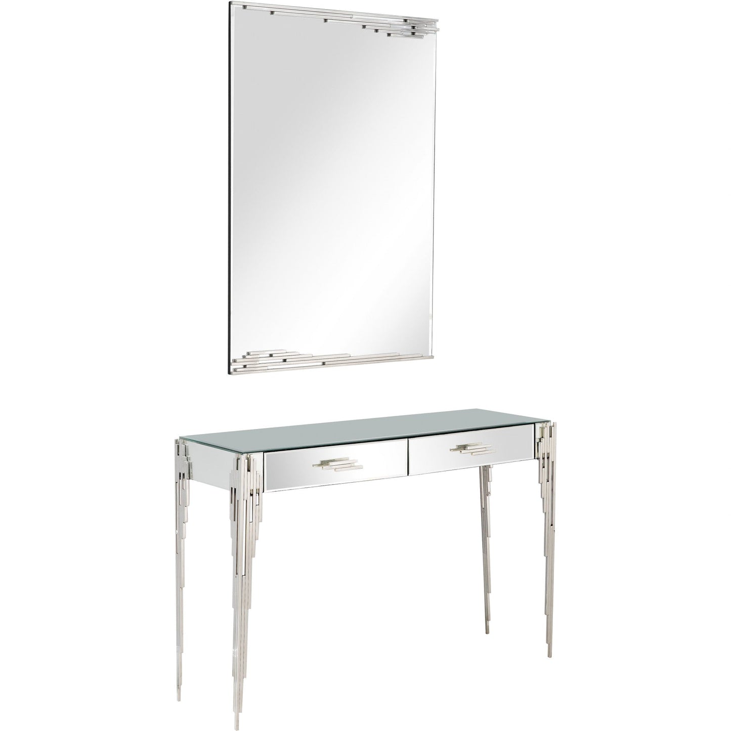 HomeRoots Rectangular Striped Falling Mirror and Console Table in Silver Finish