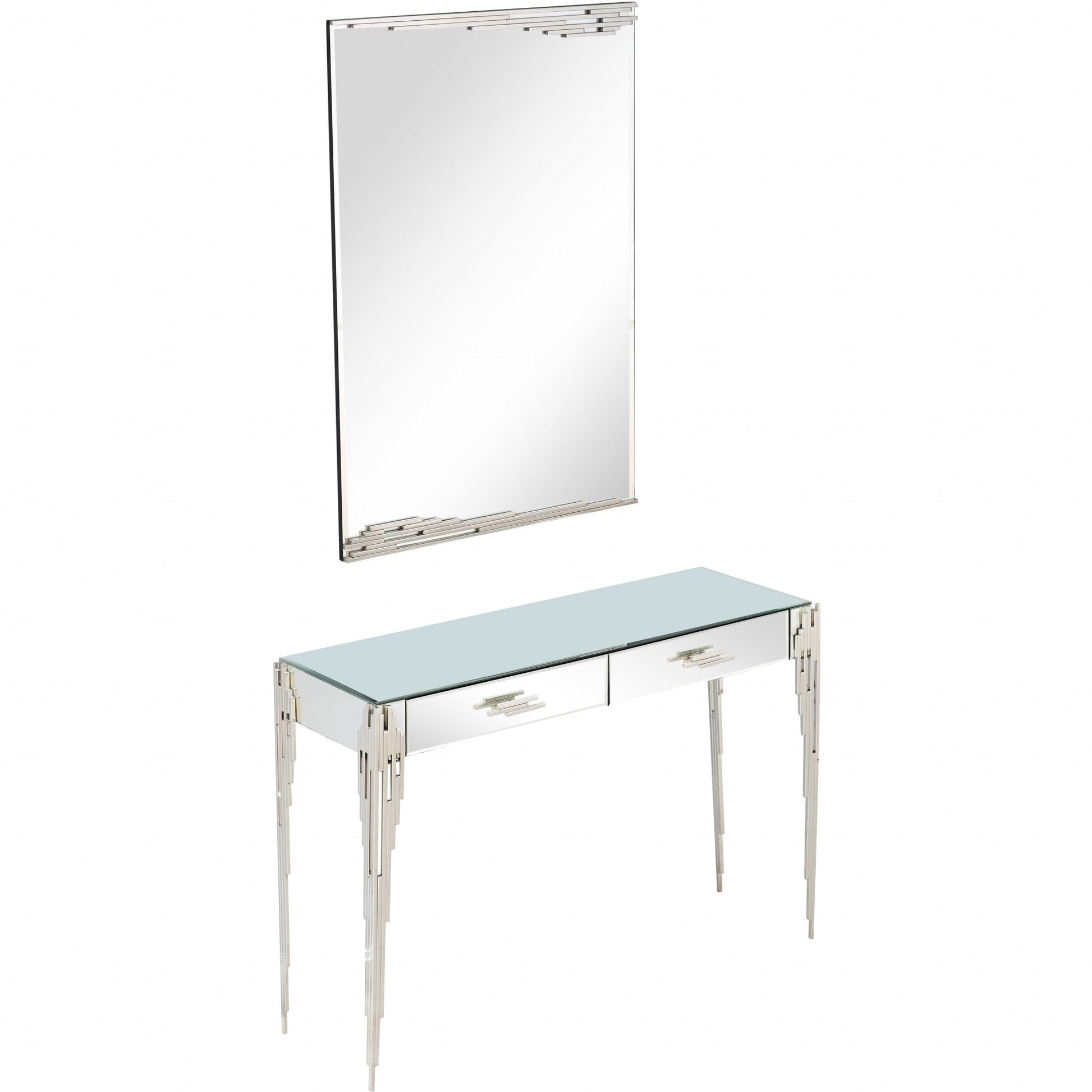 HomeRoots Rectangular Striped Falling Mirror and Console Table in Silver Finish