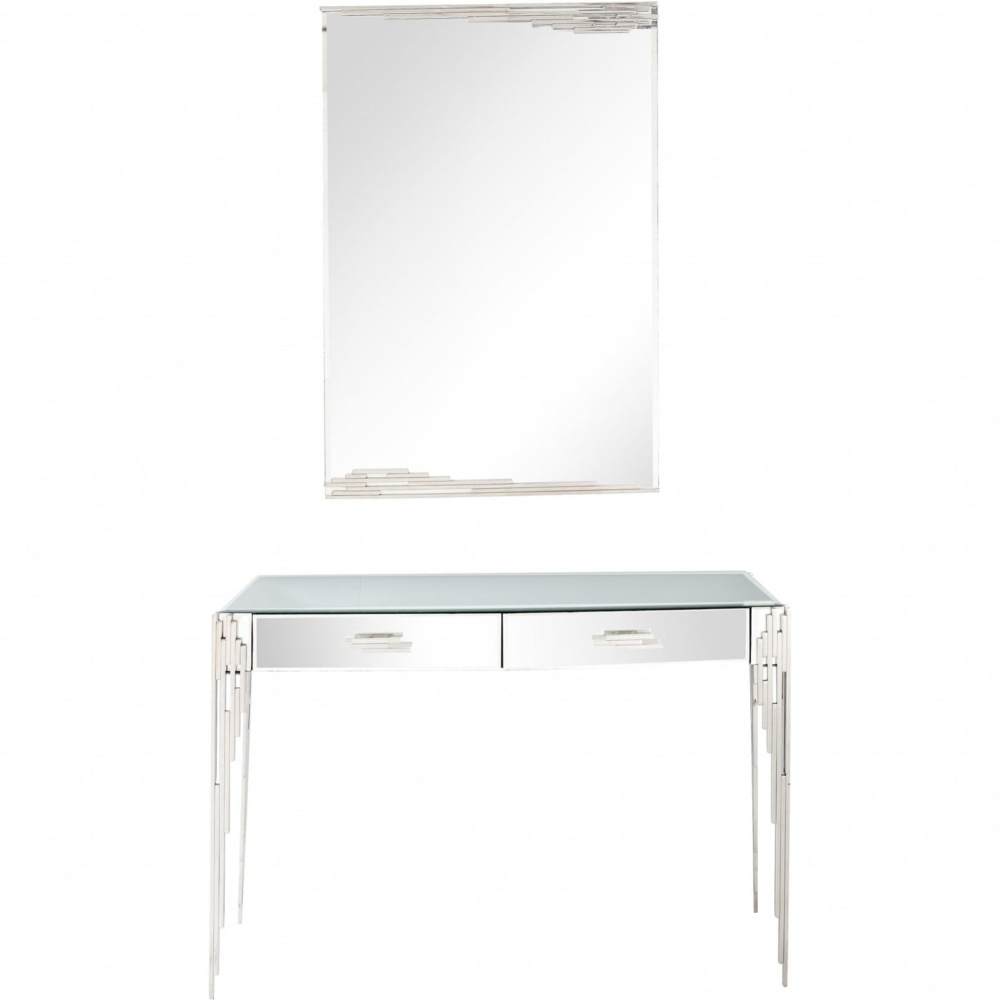 HomeRoots Rectangular Striped Falling Mirror and Console Table in Silver Finish