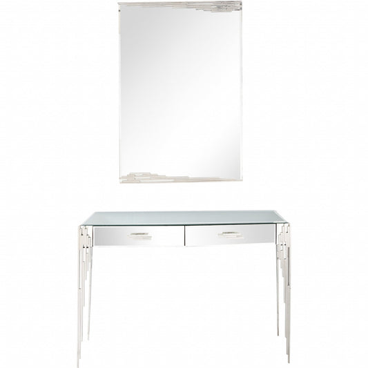 HomeRoots Rectangular Striped Falling Mirror and Console Table in Silver Finish