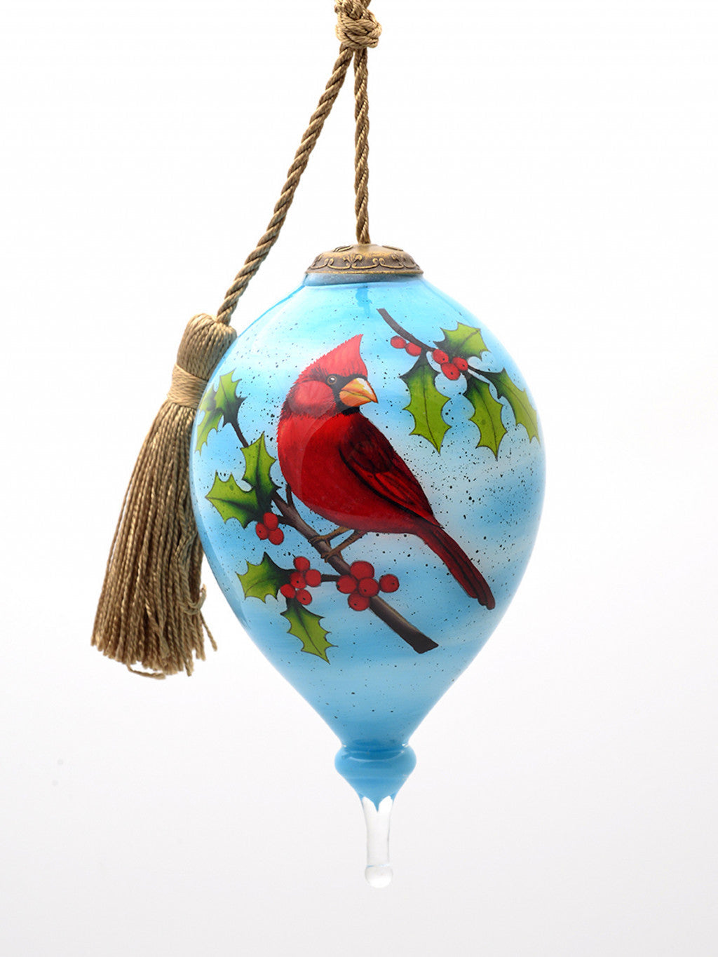 HomeRoots Red Cardinal on Christmas Holly Branches Hand Painted Mouth Blown Glass Ornament