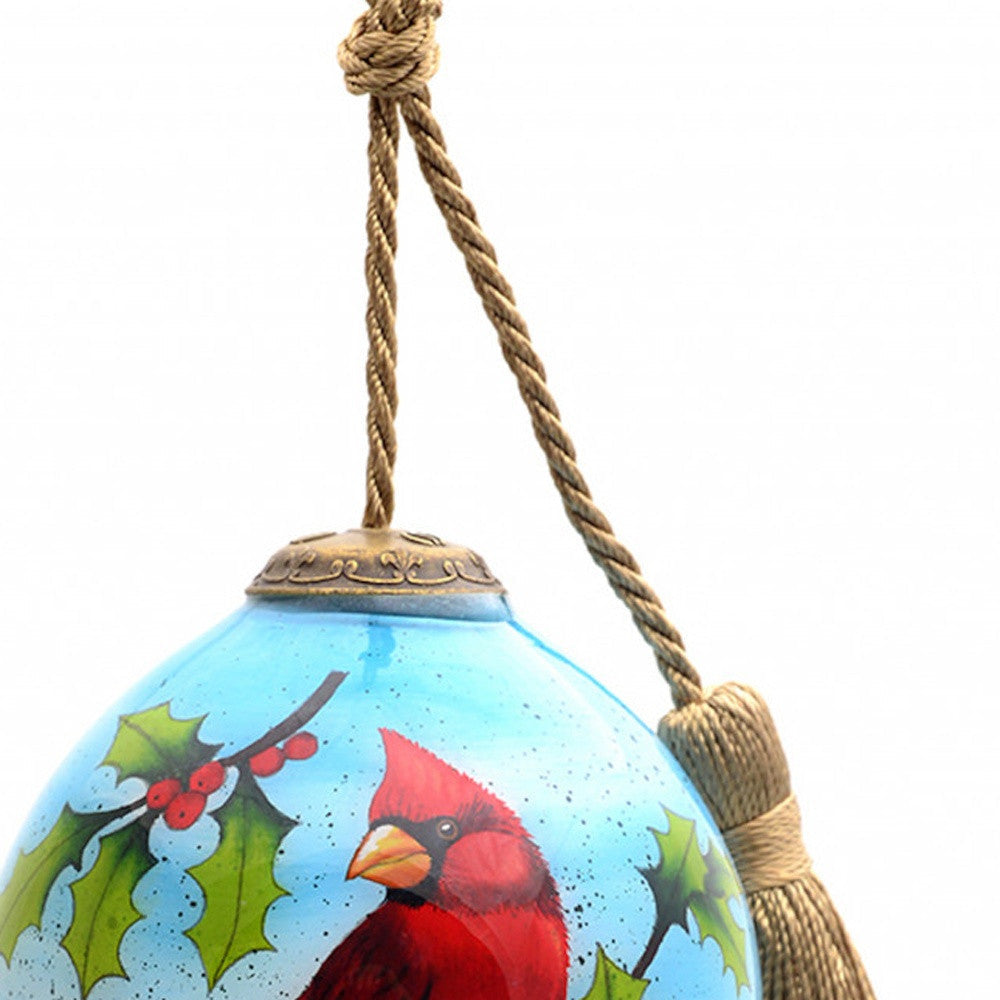 HomeRoots Red Cardinal on Christmas Holly Branches Hand Painted Mouth Blown Glass Ornament