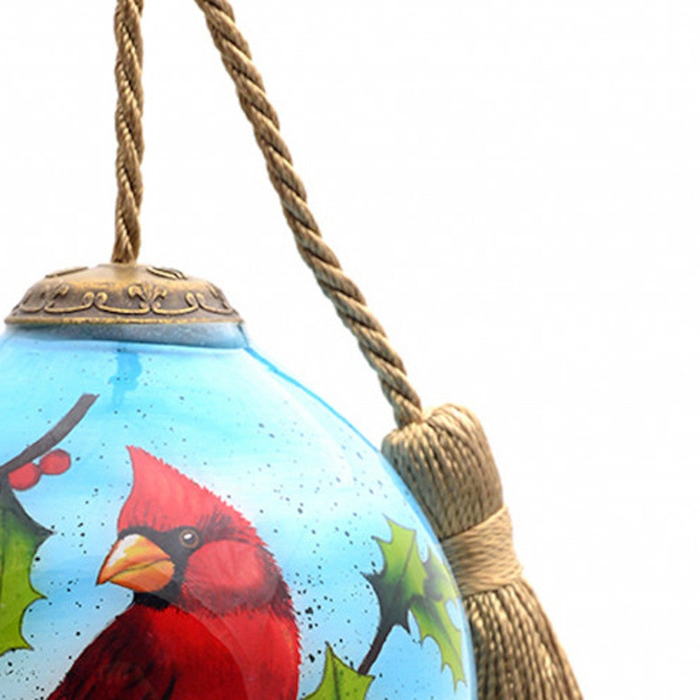 HomeRoots Red Cardinal on Christmas Holly Branches Hand Painted Mouth Blown Glass Ornament